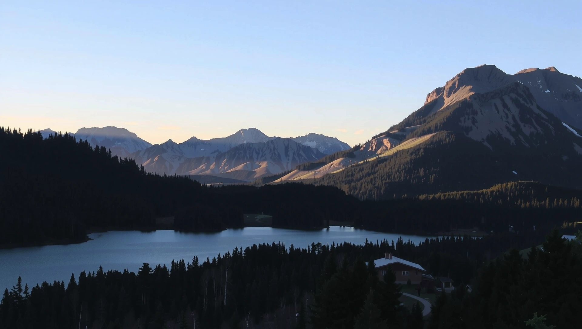 Paesaggio montano sereno con lago e foresta al tramonto, incorniciato da una luce dorata che simboleggia la calma e la purezza della natura.