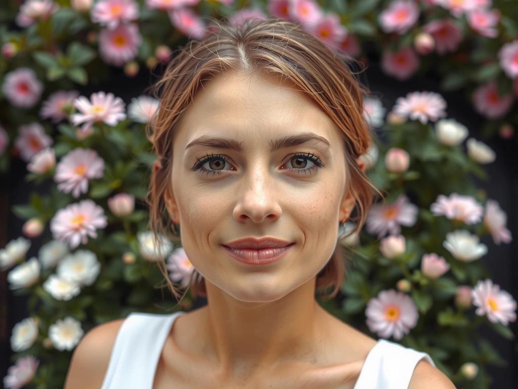 Ritratto di una donna con una pelle luminosa e idratata, che irradia bellezza naturale in un ambiente floreale e sereno.