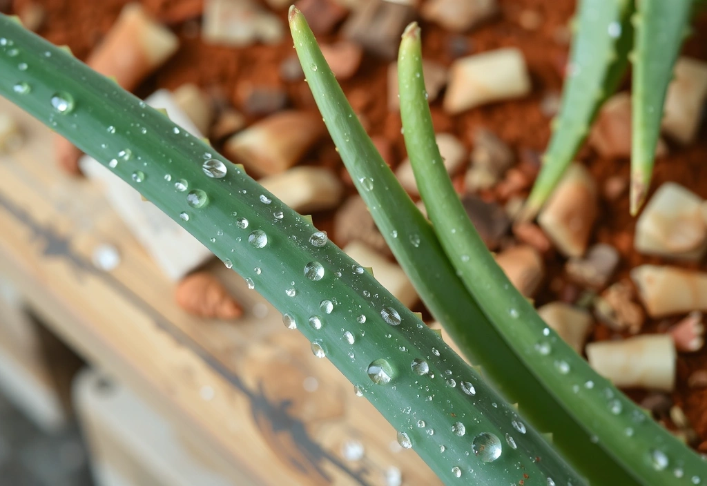 Foglie verdi di Aloe Vera fresche e carnose, con goccioline d'acqua, su uno sfondo sfocato e naturale.