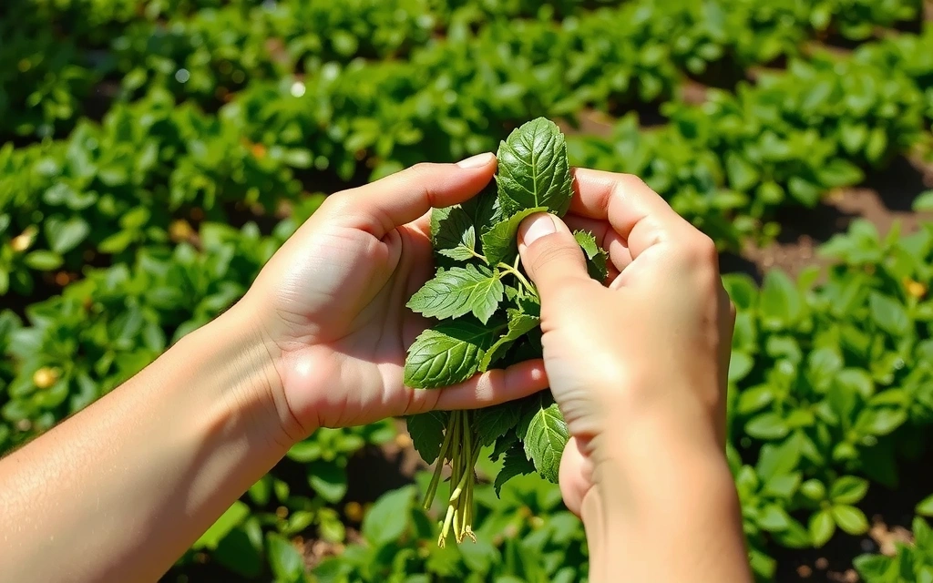 Mani che raccolgono erbe fresche da una coltivazione biologica, con un campo verde lussureggiante sullo sfondo sotto il sole.