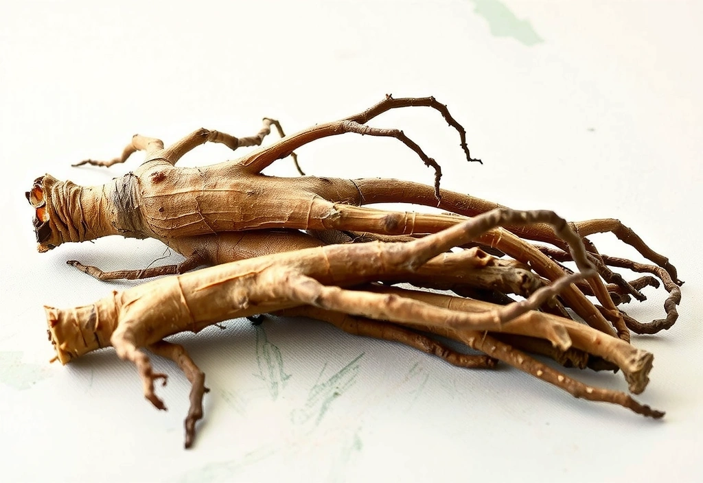 Radici di Ginseng Siberiano essiccate e ramificate, disposte su una superficie chiara con una leggera sfumatura verde.