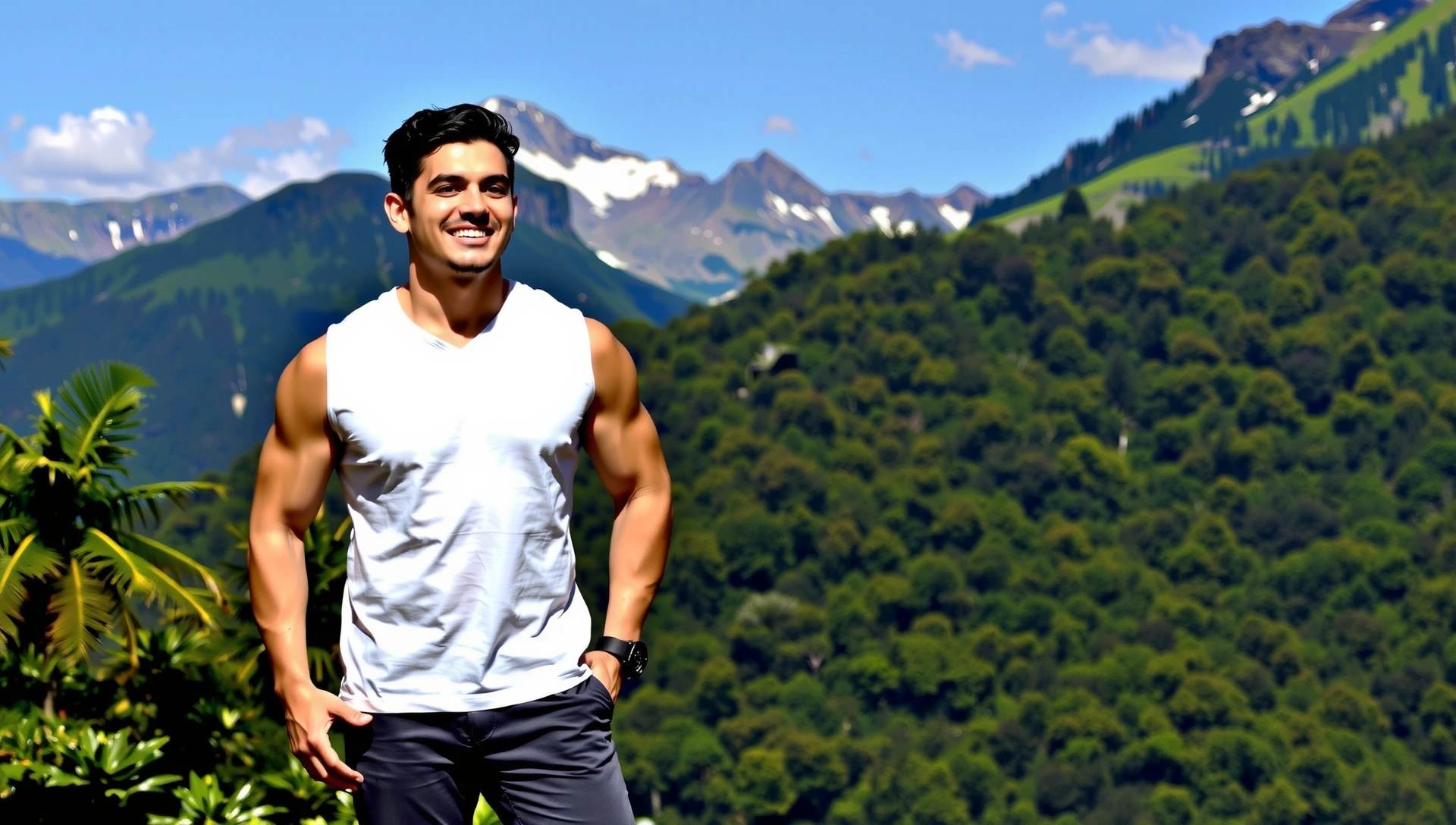 Uomo forte e sano in un ambiente naturale con montagne e foresta