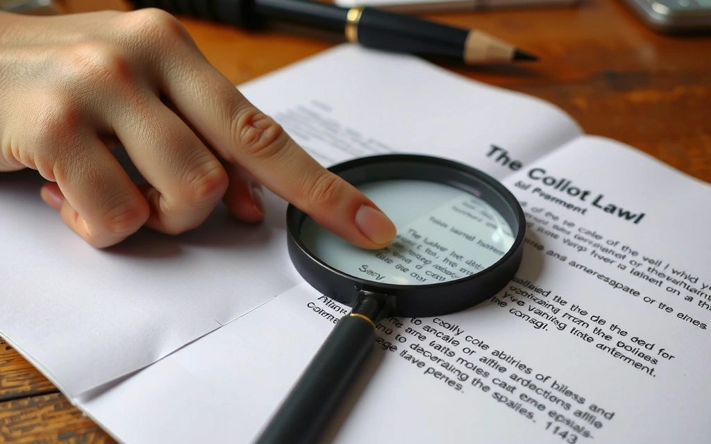 Mano che tiene una lente d'ingrandimento sopra un documento legale aperto, con testo piccolo e dettagliato.
