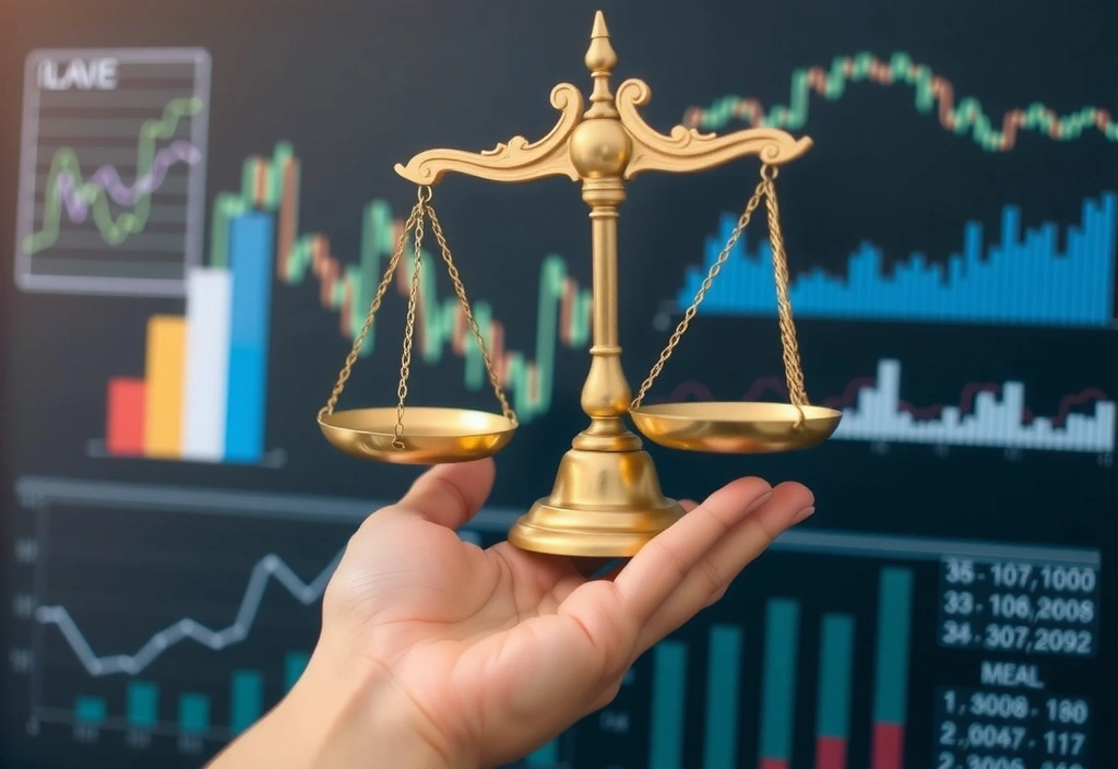 Mano che tiene una bilancia in equilibrio, simboleggiando la giustizia e l'equilibrio legale, con elementi astratti di dati sullo sfondo.